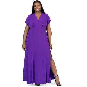 24seven Comfort Apparel Plus Size Flutter Sleeve Metallic Knit Maxi Dress Front Slit Empire Waist - 1 of 4
