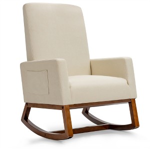 Costway Mid Century Retro Fabric Upholstered  Rocking Chair Modern Armchair Beige\Gray - 1 of 4