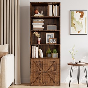 71.4in Tall Farmhouse Bookcase with Doors 11.8in Depth Display Storage Shelves Industrial Bookshelf Wooden 6 Shelf Bookshelves for Living Room - 1 of 4