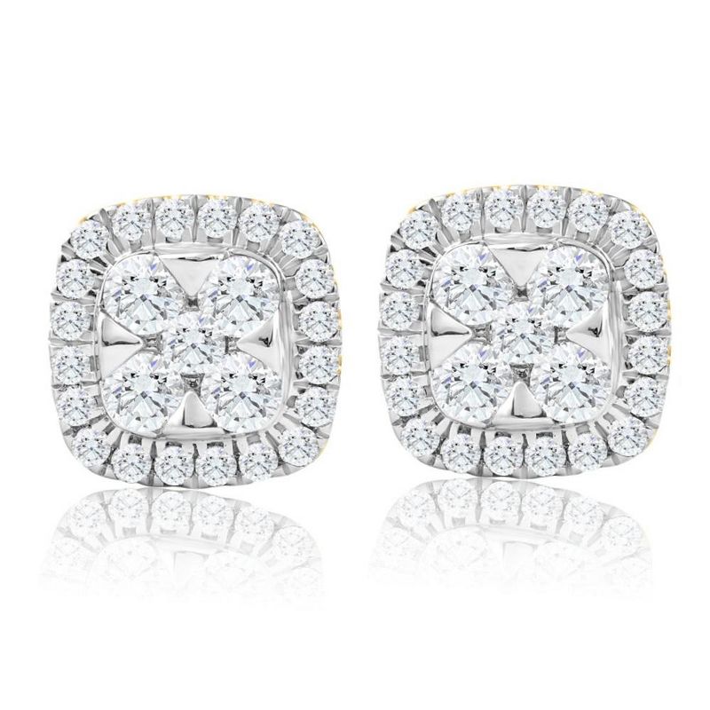 Pompeii3 1Ct T.W. Pave Diamond Cushion Halo Studs 10k Yellow Gold Lab Created Earrings, 1 of 4