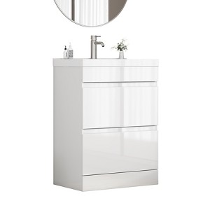 Gulches 24 in 1 Sink Bathroom Vanity Glossy White Bath Vanity with White Ceramic Top 2 Soft-Close Drawers Handle-Free - 1 of 4