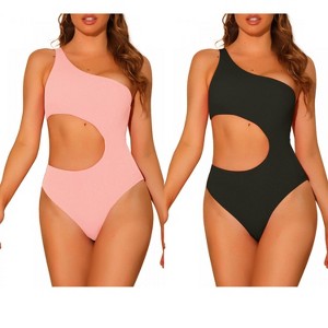 Elerevyo Women's One Shoulder Monokini Asymmetric Waist Cutout Solid Swimwear Bathing Suit 2 Sets - 1 of 4