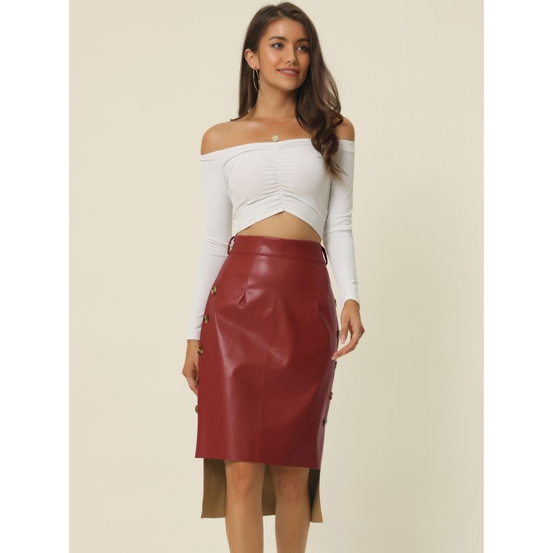 Seta T Womens' High Low Hem Belted High Waist Side Button Decor Faux-Leather Skirt, 3 of 6