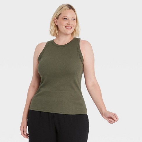 Women's Slim Fit Ribbed High Neck Tank Top - A New Day™ Olive 1X