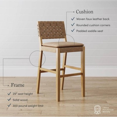 Cohen Natural Brown Wood and Faux Leather Bar Stools, Set of 4