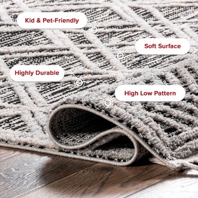 Luxurious Gray Geometric Braided Tassel Shag Rug 3' x 5'