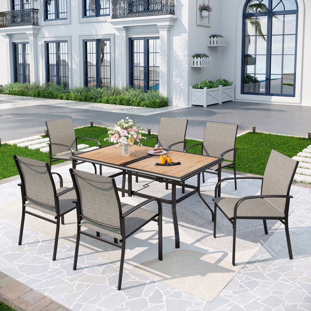 7pc Patio Dining Set with Faux Wood/Steel Table with Umbrella Hole & Sling Arm Chairs - Captiva Designs -  82780265