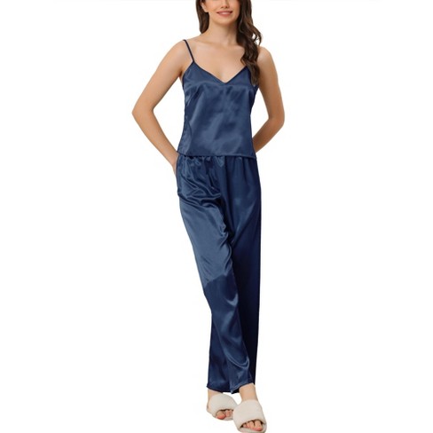 cheibear Womens Satin Lounge Lace Trim Cami Tops with Pants Sleepwear  Pajamas Sets Blue Large