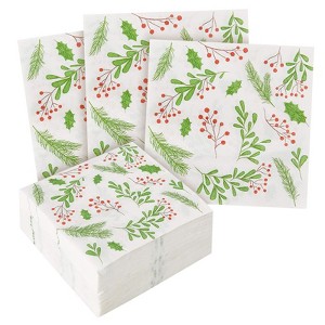 Juvale 100 Pack Christmas Paper Napkins, Holly Berry Design Holiday Party Supplies, 6.5 x 6.5 Inches Christmas Cocktail Napkins - 1 of 4