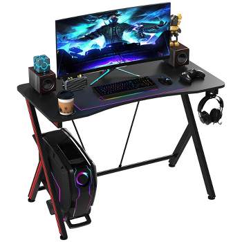 Homcom Gaming Computer Desk, Home Office Gamer Table Workstation With Cup  Holder, Headphone Hook, Cable Management, Carbon Fiber Surface : Target