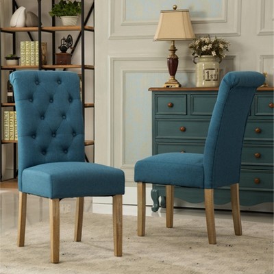Blue Linen Tufted Parsons Dining Side Chair Set with Wood Legs