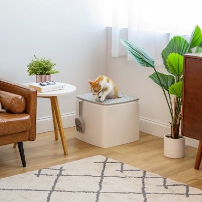 White and Gray Top Entry Cat Litter Box with Scoop