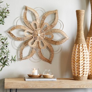 Rattan Floral Daisy Wall Decor with Metal Wire Brown - Olivia & May: Coastal Style, Botanical Carving, Indoor Use - 1 of 4