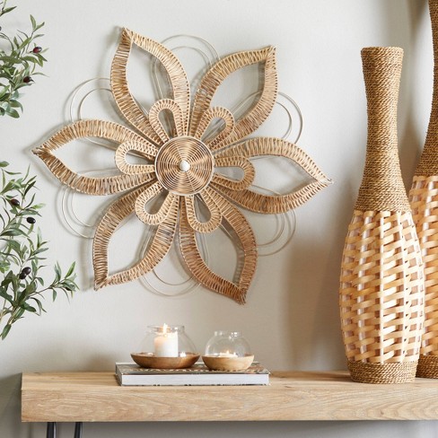 Rattan Floral Daisy Wall Decor With Metal Wire Brown - Olivia