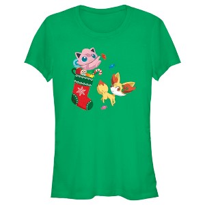 Juniors Womens Pokemon Christmas Jigglypuff and Fennekin Stocking T-Shirt - 1 of 4