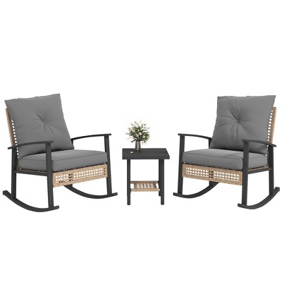 Outsunny 3 Pieces Patio Bistro Set, Wicker Furniture Set with Button Tufted Cushions, Rattan Rocking Chairs and Coffee Table