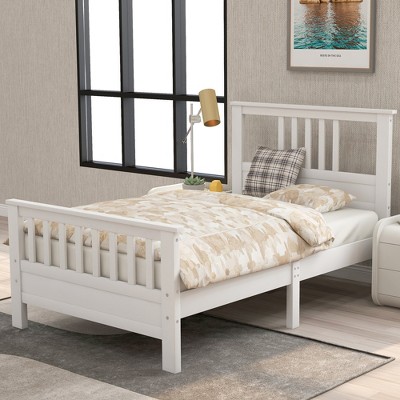 Twin Size Wood Platform Bed With Headboard And Footboard, White ...