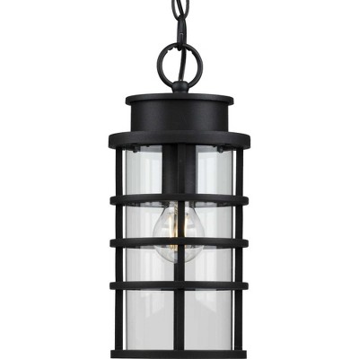 Black Ribbed Frame Outdoor Hanging Lantern with Clear Glass Shade