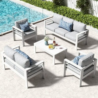 LayinSun Outdoor Aluminum Furniture Set, 5 Pieces Patio Sectional Conversation Chat Sofa Modern Seating Set with Coffee Table