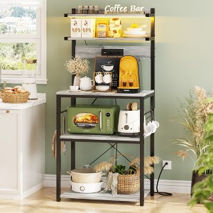 Aheaplus Kitchen Storage Rack with Power Outlet, Coffee Bar Station with LED Lights, Bakers Rack with 6 S-Shaped Hooks - 1 of 4