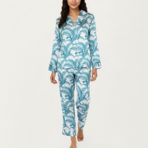 Anna-Kaci Lounge Women's 2-Piece Set Long Sleeve Button Front Pajama Set with Tropical Leaf Print and Soft Silky Fabric - 1 of 4