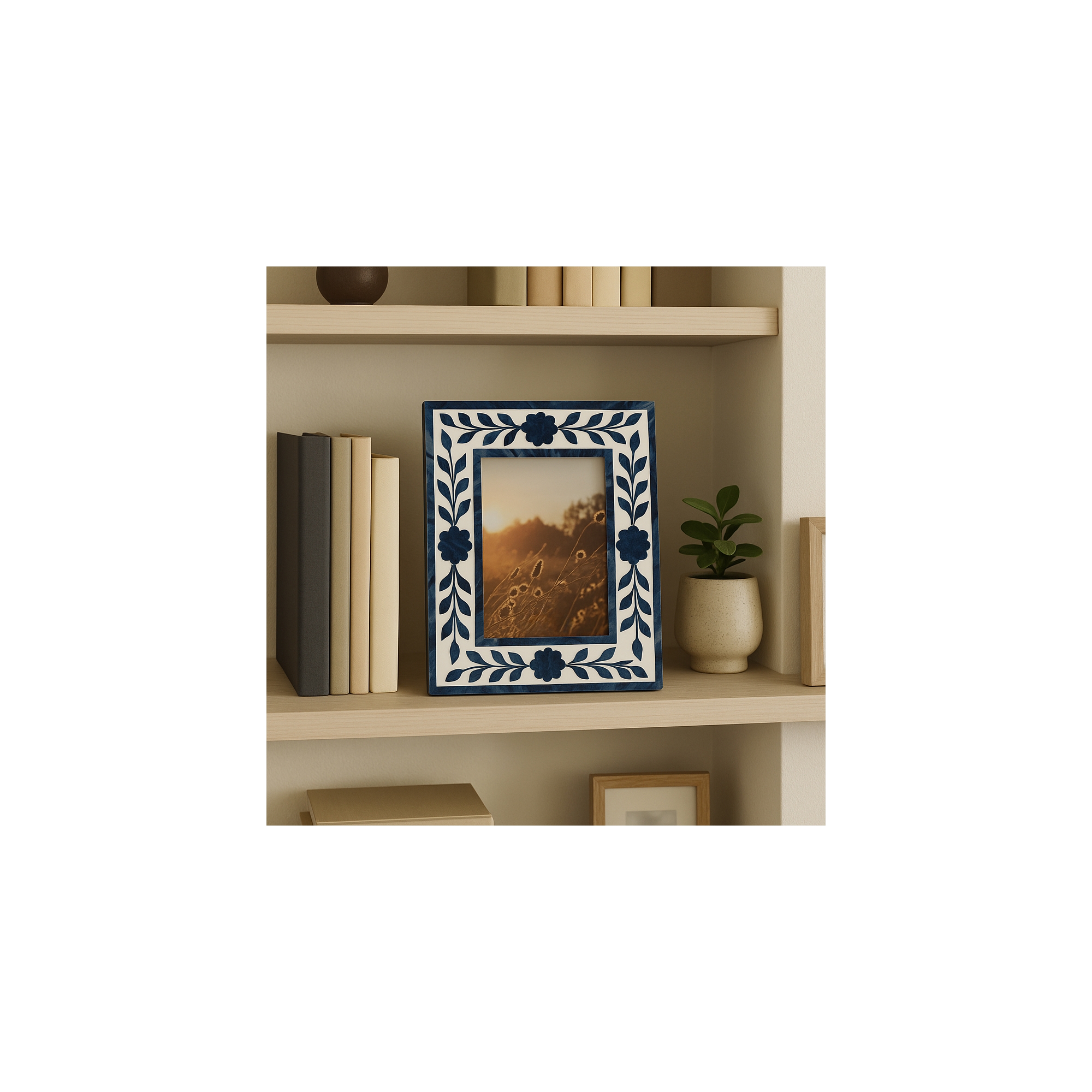 Decorative Picture Frame with Petal Vine Border - Elegant Photo Frame for Tabletop, Bedroom Nightstand, or Entryway Decor - 8.5", Blue & White
