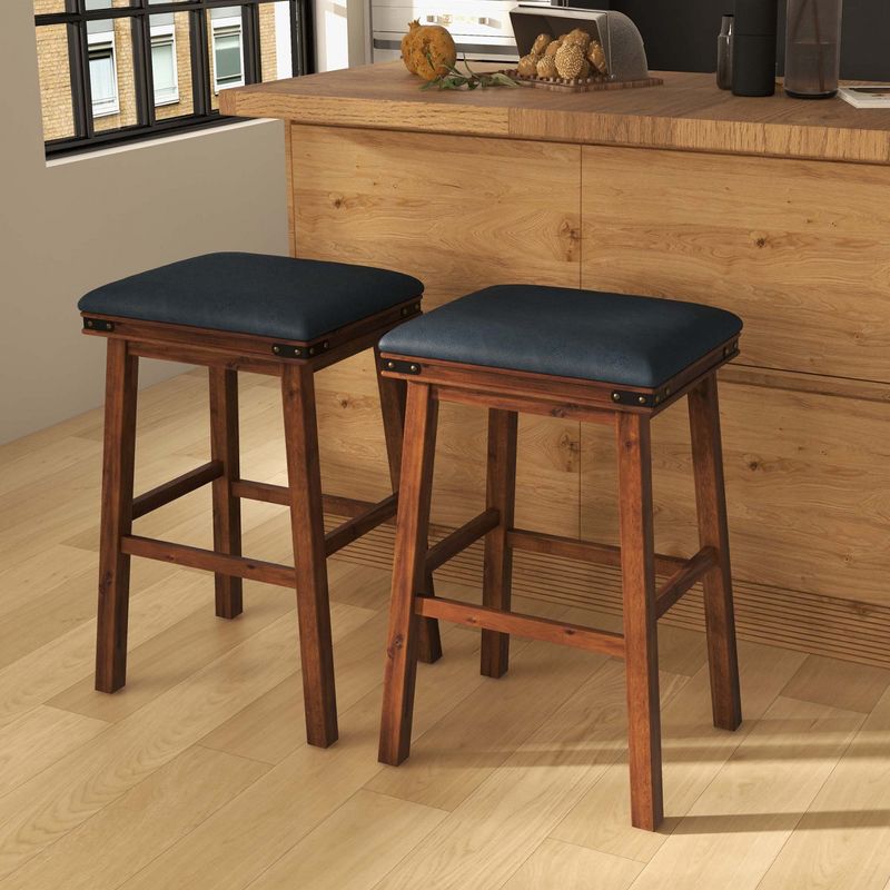 Costway 30'' Dining Bar Stool Set of 2 Pub Height Padded Seat Wood Frame Kitchen Brown/White, 2 of 8