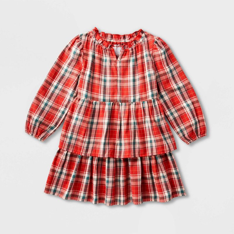 Toddler Girls&#39; Adaptive Abdominal Access Long Sleeve Plaid Tiered Woven Dress - Cat &#38; Jack&#8482; Red, 1 of 8