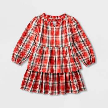 Toddler Girls' Adaptive Abdominal Access Long Sleeve Plaid Tiered Woven Dress - Cat & Jack™ Red