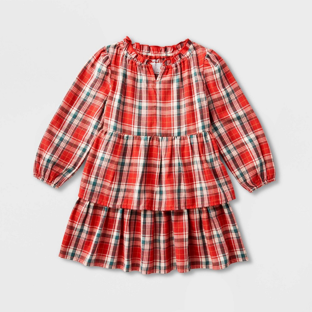 Toddler Girls' Adaptive Abdominal Access Long Sleeve Plaid Tiered Woven Dress - Cat & Jack™ Red 4T -  88693407