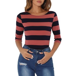 INSPIRE CHIC Women's Stripes Casual Basic Elbow Sleeves Boat Neck Slim Fit T-Shirts - 1 of 4