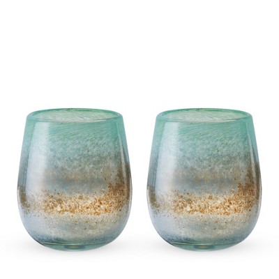 Twine Living Playa Bonita Stemless Wine Glasses, Recycled Drinking Glass, Coastal Inspired Sea Blue and Sand Design, 13 oz, Set of 2
