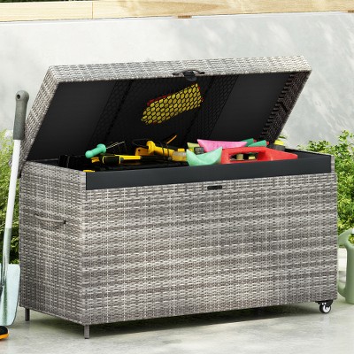 YOOCOZZ Large Outdoor All-Weather Wicker Deck Box with Steel Frame, Lockable Lid, Wheels, 200 Gallon Storage