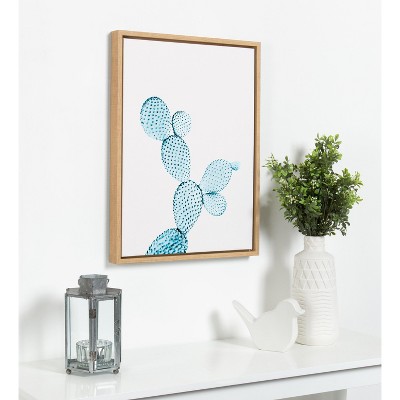 Blue Cactus Framed Canvas Wall Art, 18x24, Natural Wood