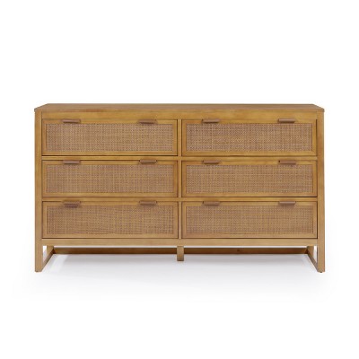 Teamson Home Hatteras Dresser with 6 Rattan Inset Drawers, Faux Leather Pulls & Deep Storage