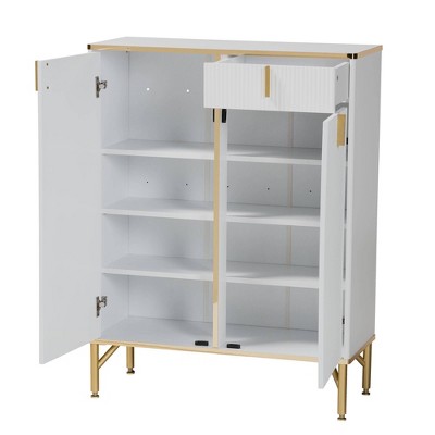 Lilac White Wood and Gold Metal 2-Door Shoe Cabinet