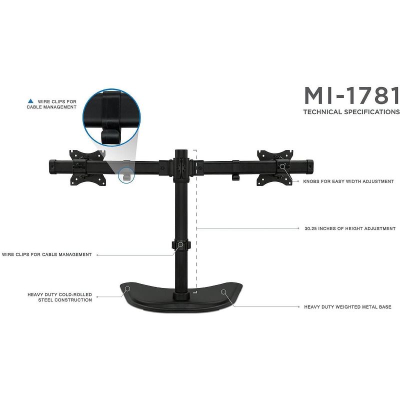 Mount-It! Free Standing Dual Monitor Stand | Double Monitor Desk Mount | Fits Two 19 - 27 Inch Computer Screens | 2 Heavy Duty Height Adjustable Arms, 5 of 6
