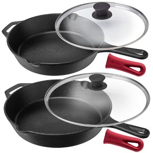 Cuisinel Cast Iron Skillet Set - 10" + 12"-Inch Frying Pan + Glass Lids + 2 Handle Cover Grips - 1 of 3