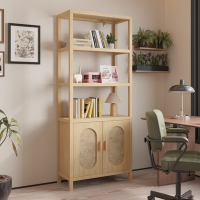 KTMBDW 4 Tier Bookshelf with 2 Doors, 70.9" Tall Bookcase, Modern Display Bookshelves, Free Standing Storage Organizer for Office, Living Room,Natural