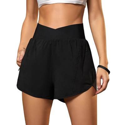 FIONECA Women's Workout Shorts Athletic Running Shorts Crossover High Waisted Gym Shorts with Zipper Pockets