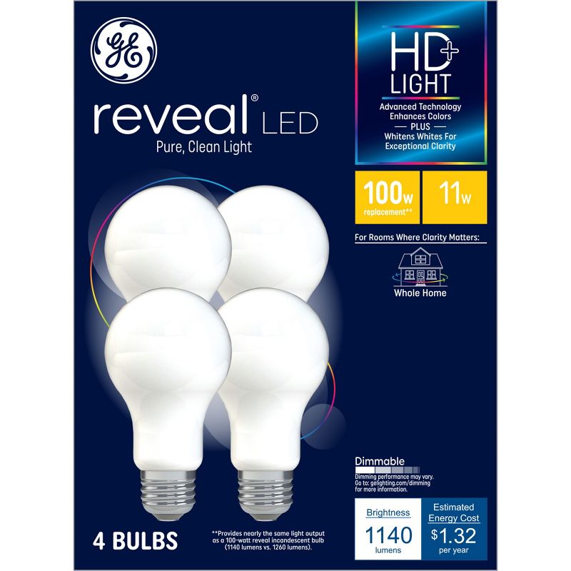 GE 4pk 11W 100W Equivalent Reveal LED HD+ Light Bulbs, 1 of 7