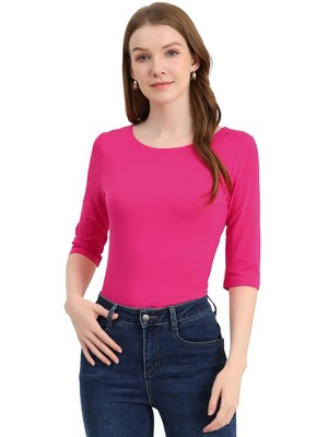INSPIRE CHIC Women's Classic Solid Elbow Sleeves Round Neck Slim Fit T-Shirts