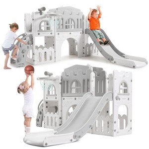 8 In 1 Toddler Slide, Indoor Kids Slide for Toddler 1-3, Indoor Playground With Slide, Basketball Hoop, Climber - 1 of 4