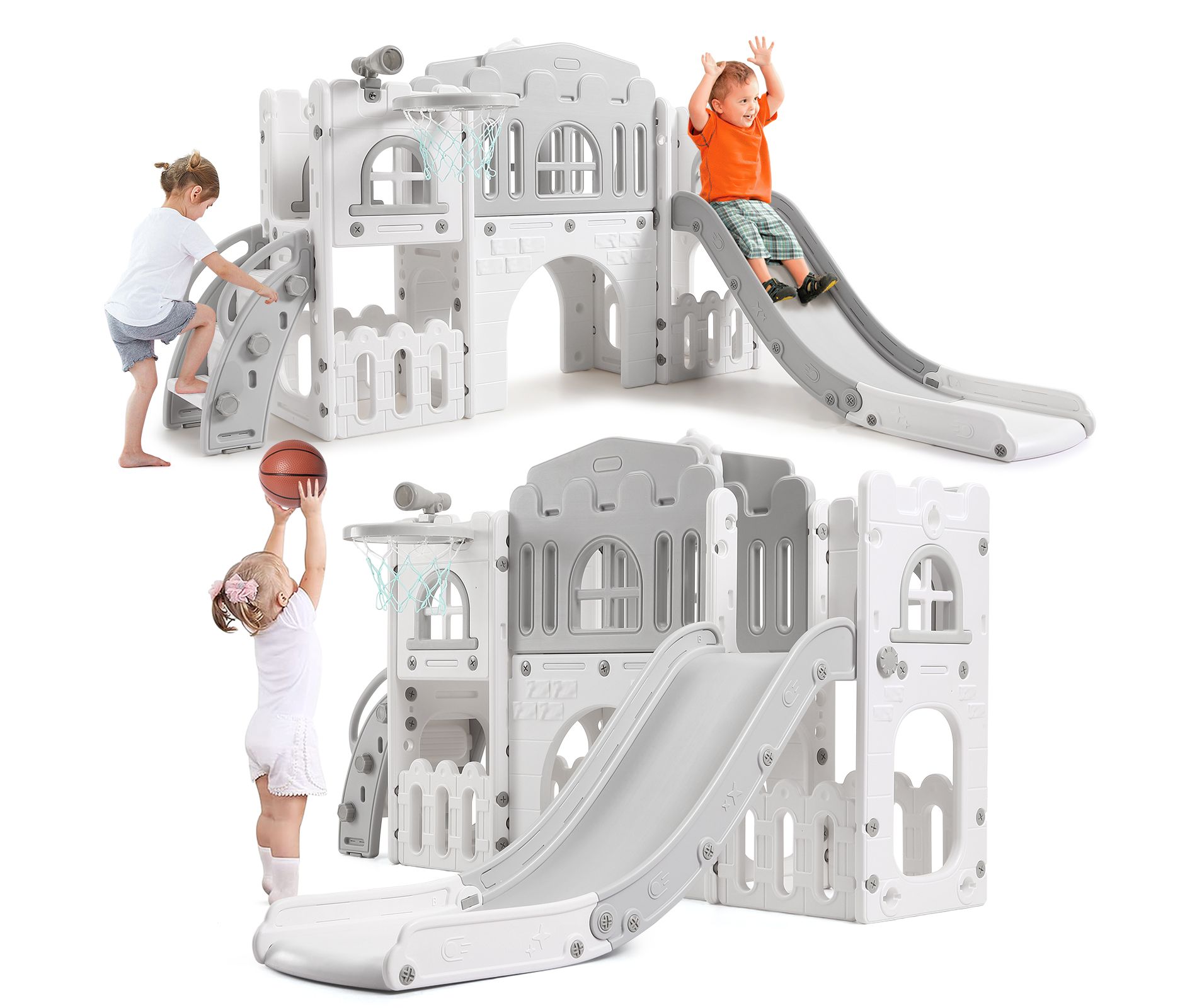 Toddler Playset, 8 in 1 Toddler Slide, Baby Playset for Indoor/Outdoor Playground with Climber, Crawling Tunnel, Basketball Hoop, Toy Storage
