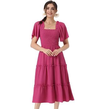 Allegra K Women's Boho Midi Square Neck Short Sleeve Tiered Flowy Smocked Dress