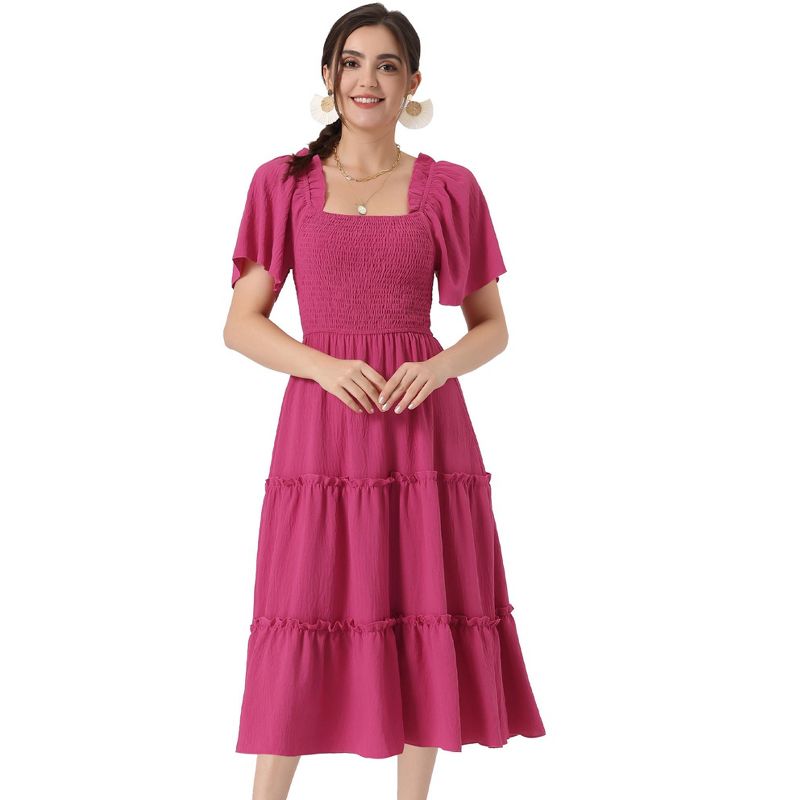 Allegra K Women's Boho Midi Square Neck Short Sleeve Tiered Flowy Smocked Dress, 1 of 6
