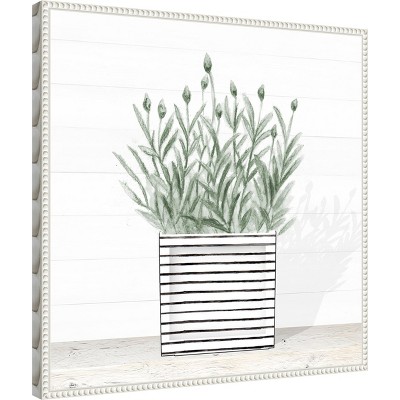Lavender Blossom in Striped Pot Canvas Wall Art with White Frame