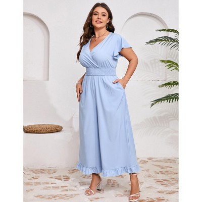 Womens Plus Size Short Sleeve Smocked Waist Wide Leg Summer Jumpsuits