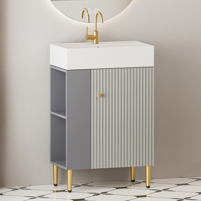 GlasFlength Bathroom Storage Cabinets, Freestanding, Open shelving Bathroom Vanity，Assembly Required, Gray, 21.6"*12.2"*33.8"