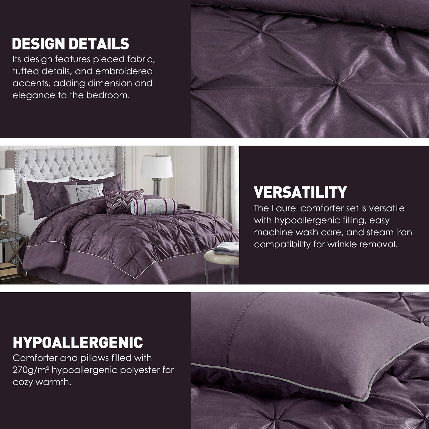 Постельное бельё Madison Park 7Pcs Ultimate Touch Biab Comforter Set, Solid Color Plain Weave Bedding Set with Matching Shams & Decorative Pillow, Plum, цвет: Сливовый — фото 5
